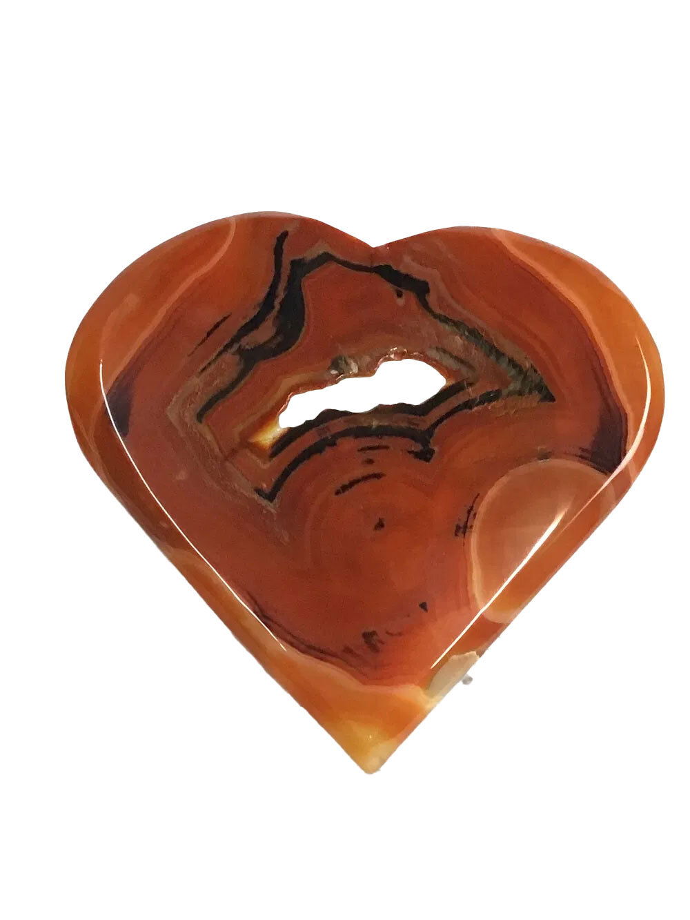Sardonyx Carnelian Agate Heart Flat with Druze on Lucite Stand - Dark Orange & Black Banded Outer Edge with Orange & Yellow & Black-Speckled Druze Cave Open to Back