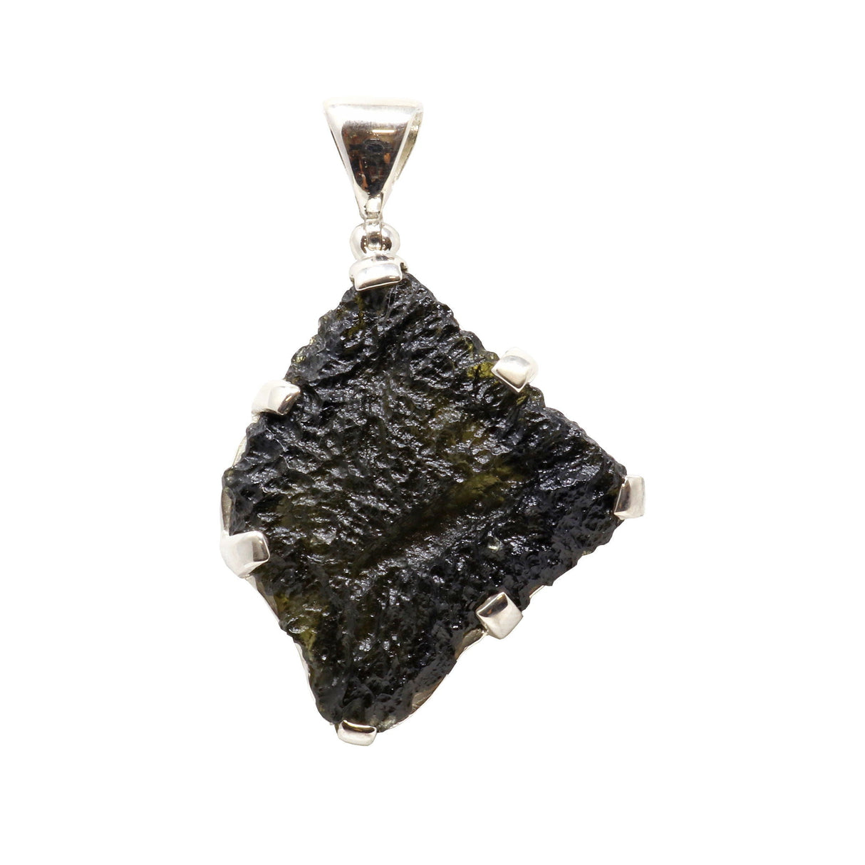 Moldavite Pendant - Freeform with Natural Ruggedness & Divot with Extremely Dark Olive Green Hue & Silver Bezel - Prong Set