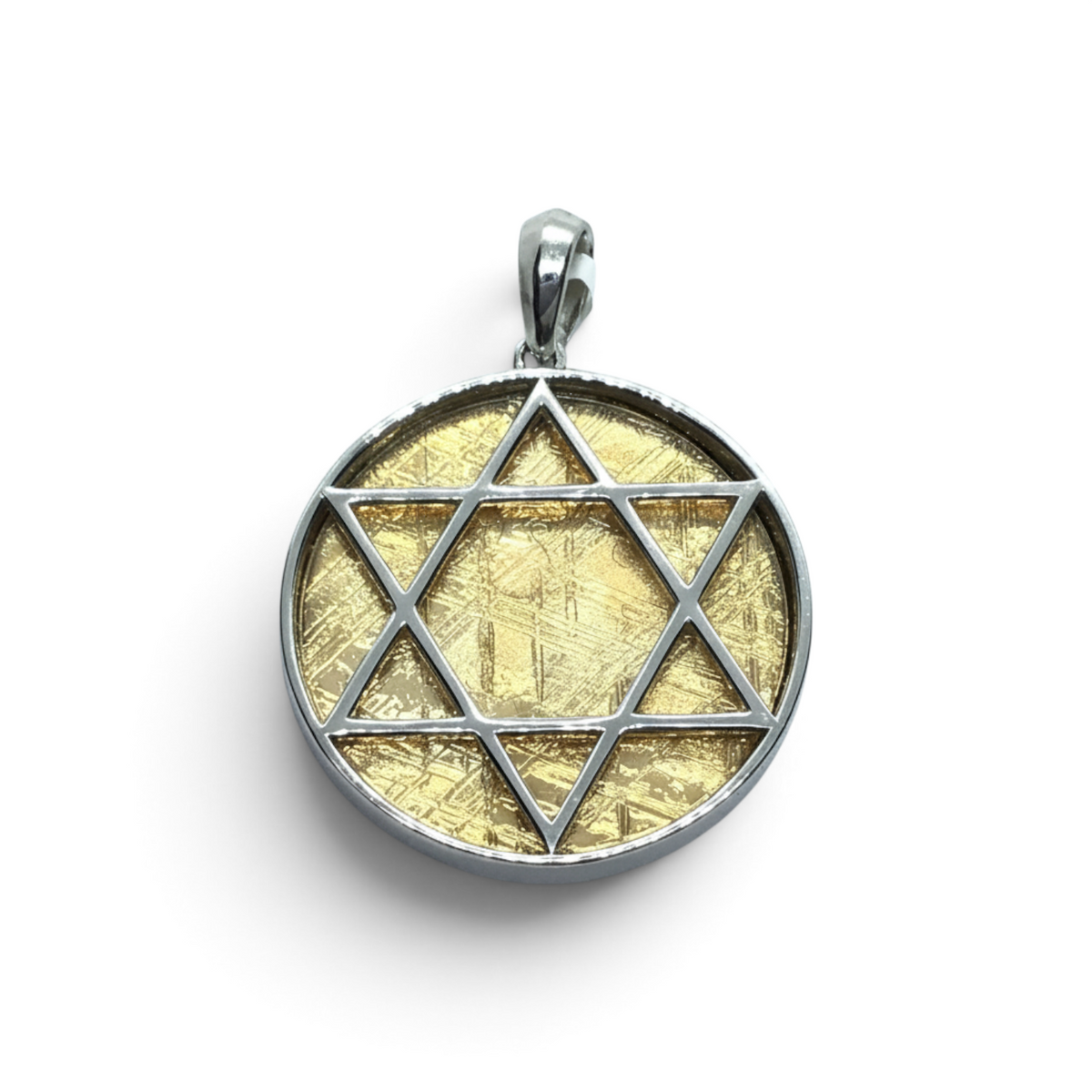 Rare Earth Gallery gold-coated Muonionalusta meteorite pendant featuring a Star of David in 925 sterling silver bezel.