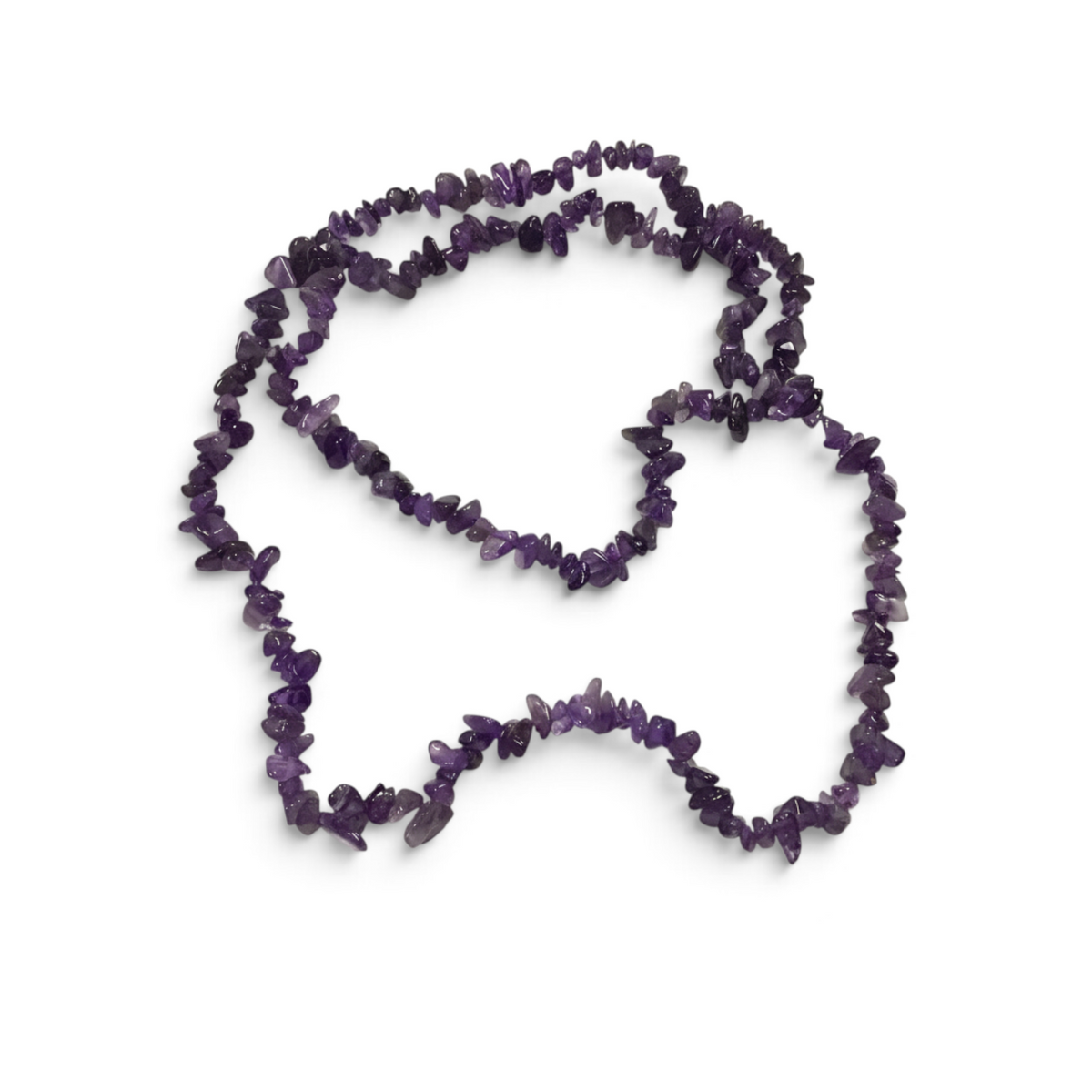 Rare Earth Gallery 32-inch amethyst chip necklace featuring polished purple gemstone fragments on a strand.
