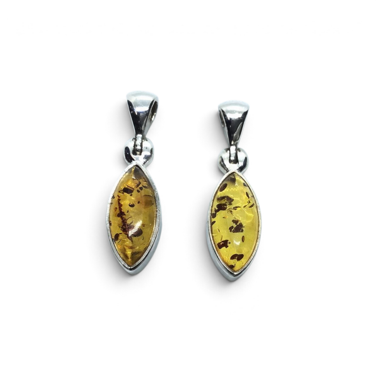 Rare Earth Gallery cognac amber pendant featuring a sharp oval cabochon set in a simple sterling silver bezel