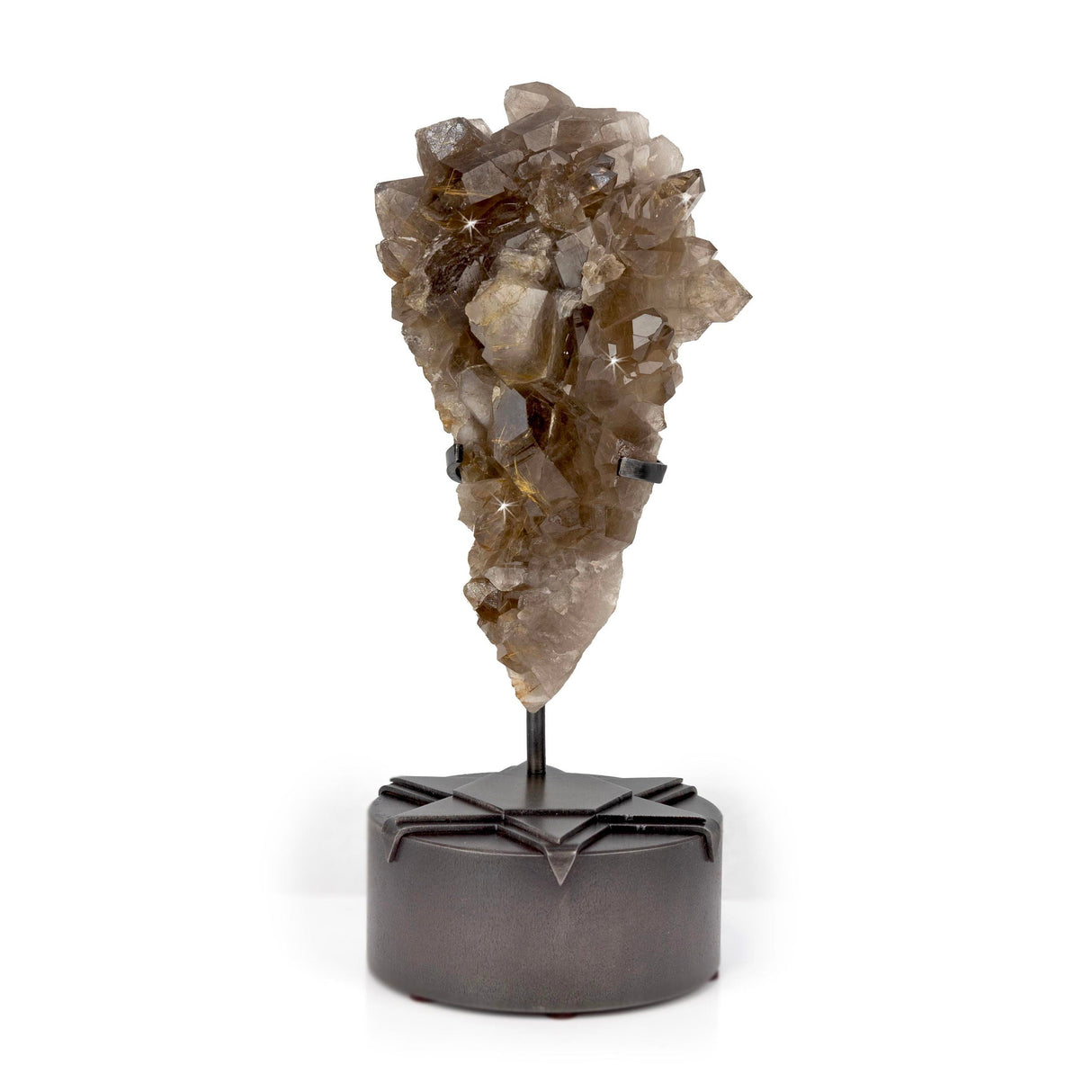Golden Rutile Smoky Quartz Specimen Cluster on Custom Stand - Round with 6 Pointed Star Design