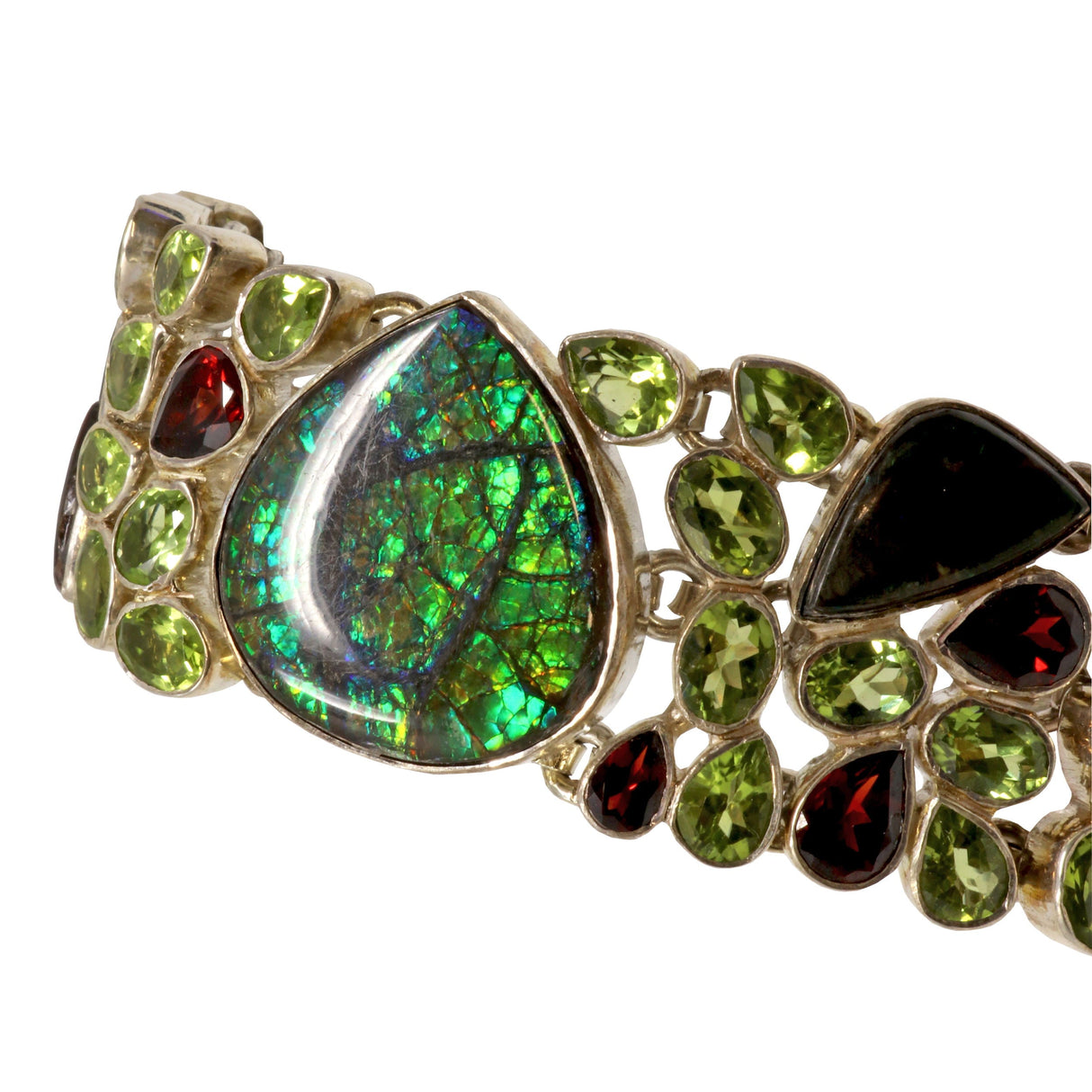 Ammolite Fossil & Peridot Link Bracelet - Pear Center Stone with Garnet - 4 Rows