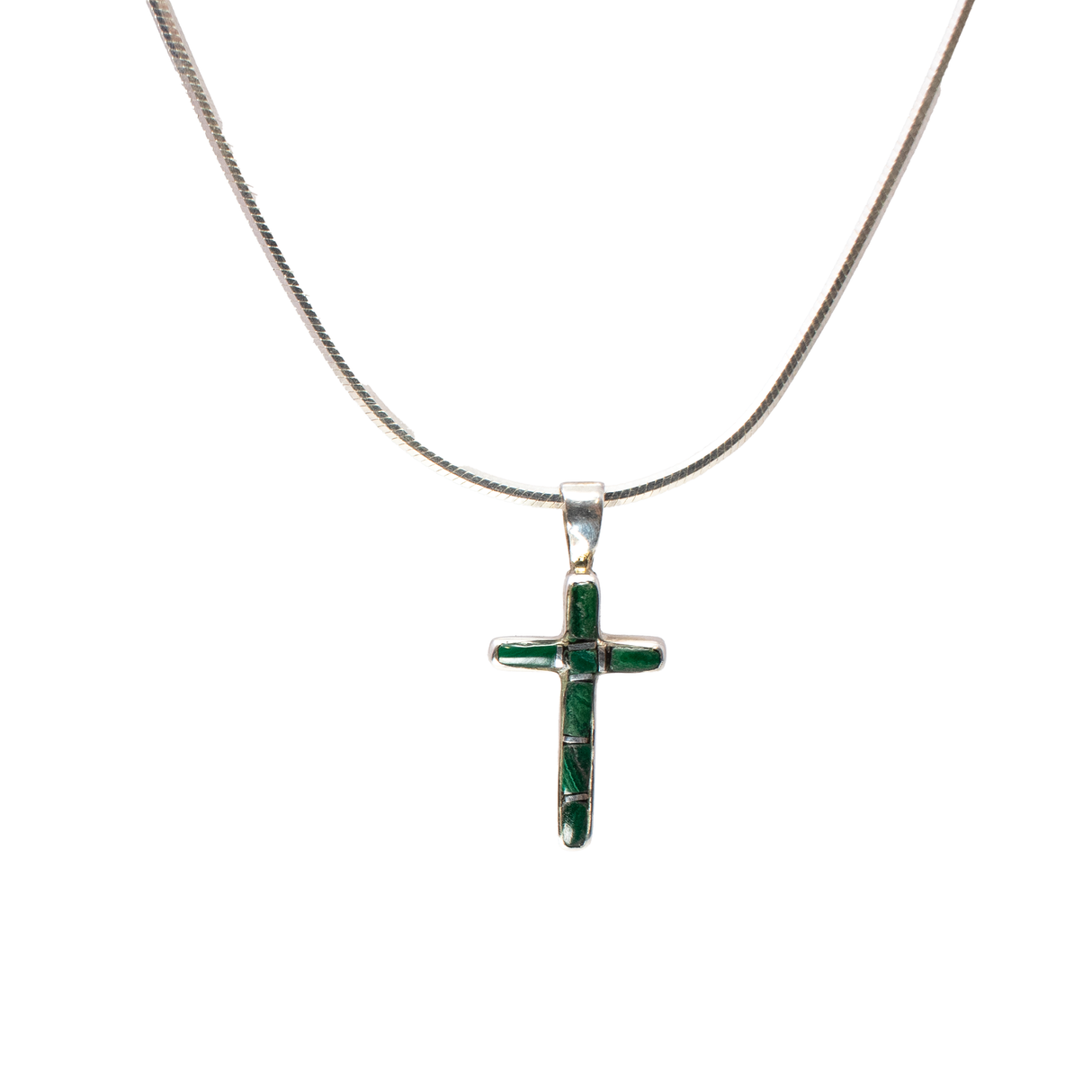 View of Malachite Inlay Cross Pendant - Mini Cross With Simple Rectangle Inlay & Silver Bezel