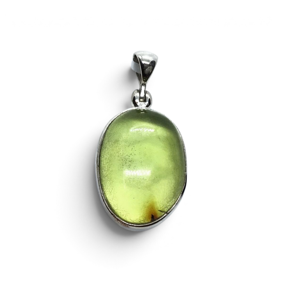 Rare Earth Gallery oval green amber cabochon pendant in a simple 925 sterling silver bezel setting
