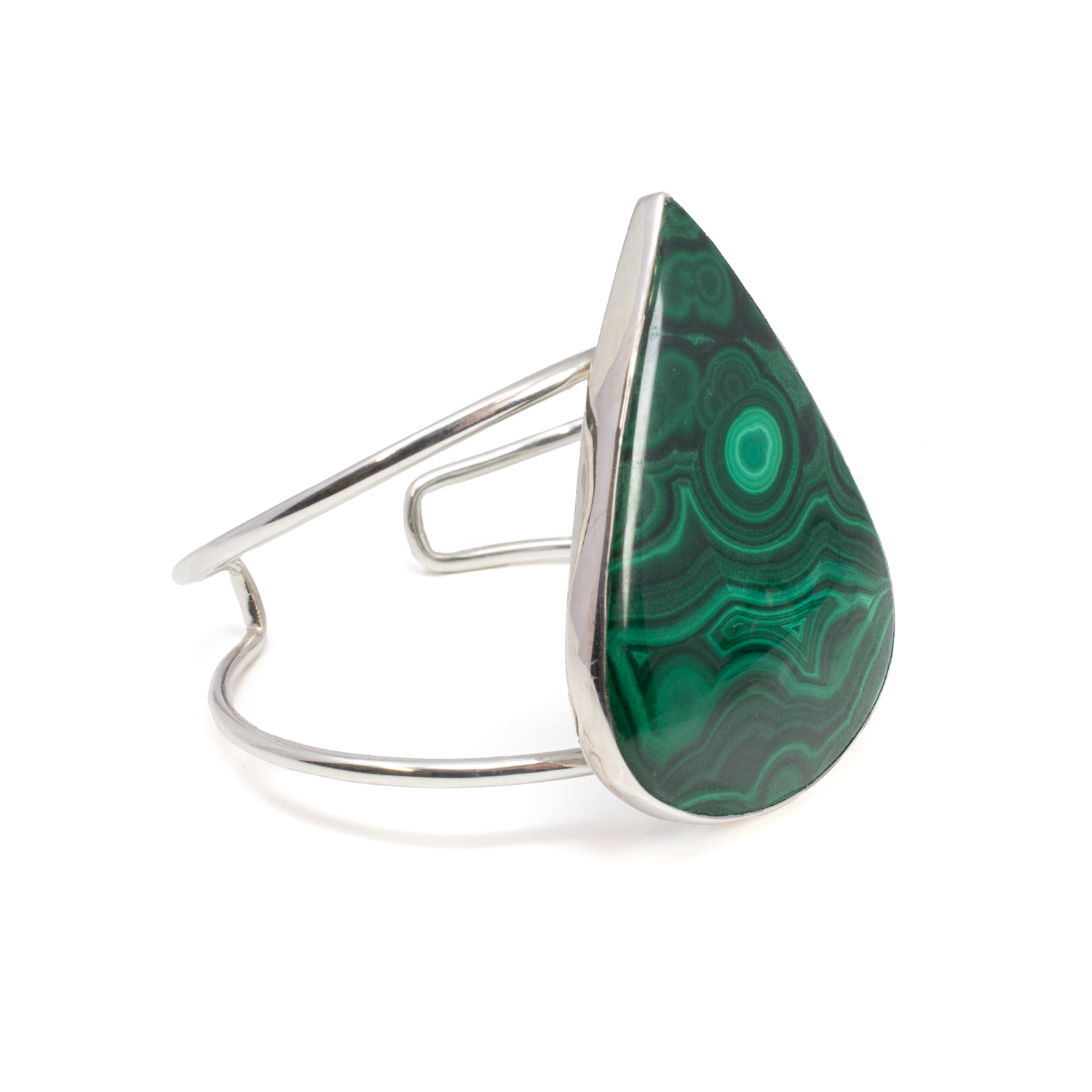 View of Malachite Cuff - Large Pear Cabochon With Silver Bezel Set On 2-band - Dense Ornate Banding With Orbital Inclusions 2\"
