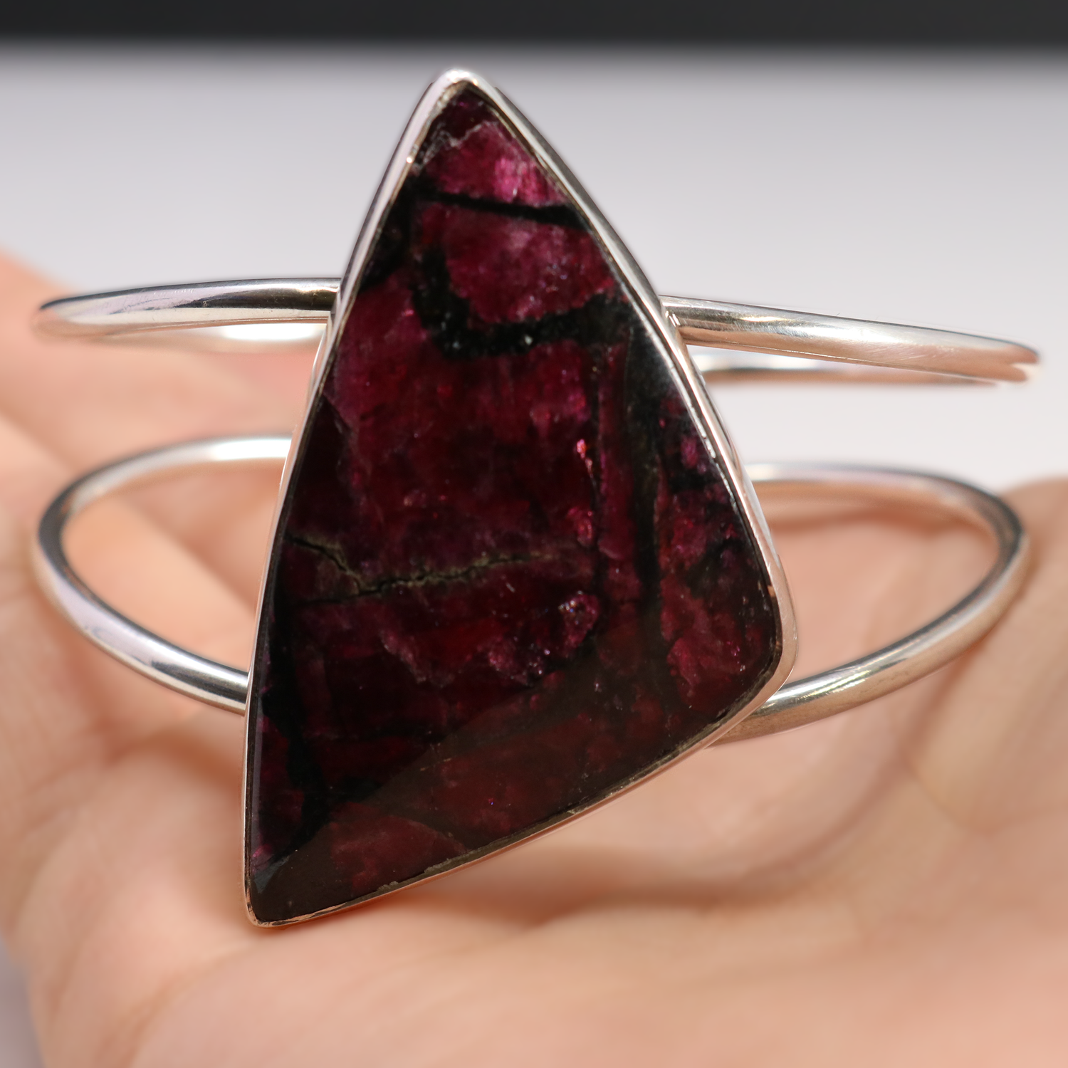 View of Eudailyte Cuff - Asymmetrical Triangle Cabochon With Silver Bezel Set On 2-band Cuff