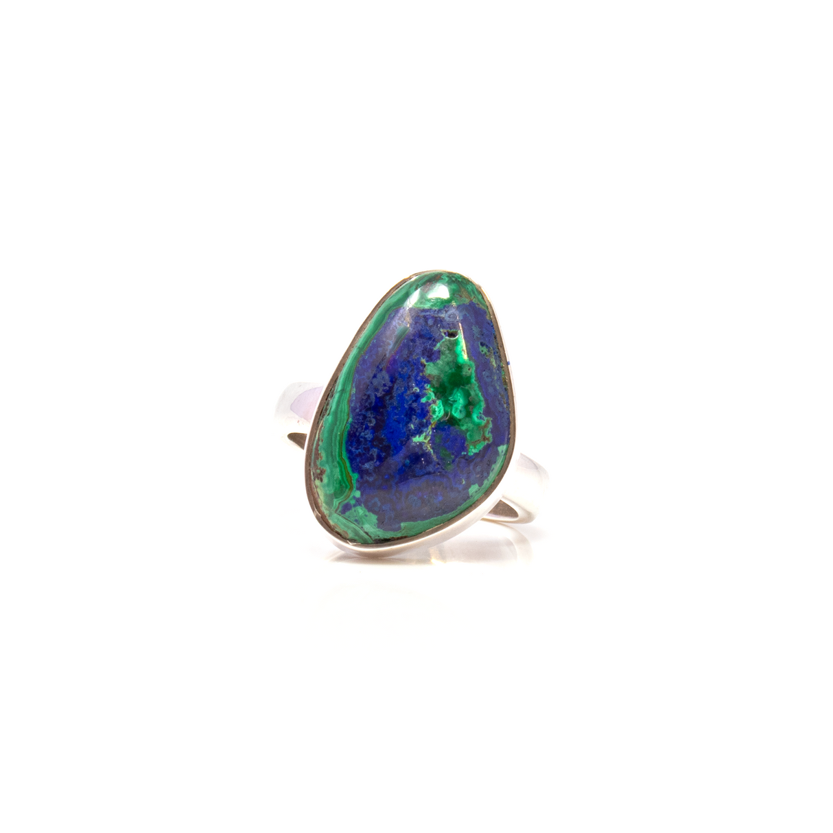 View of Azurite Malachite Ring - Simple Freeform Cabochon With Silver Bezel Sz5