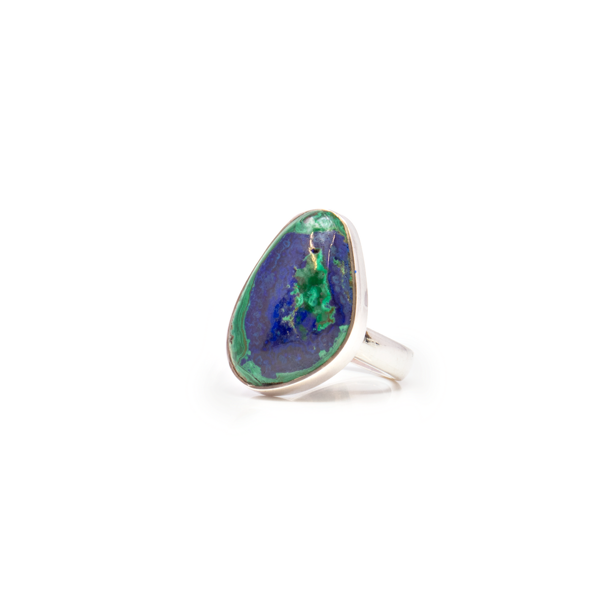 View of Azurite Malachite Ring - Simple Freeform Cabochon With Silver Bezel Sz5