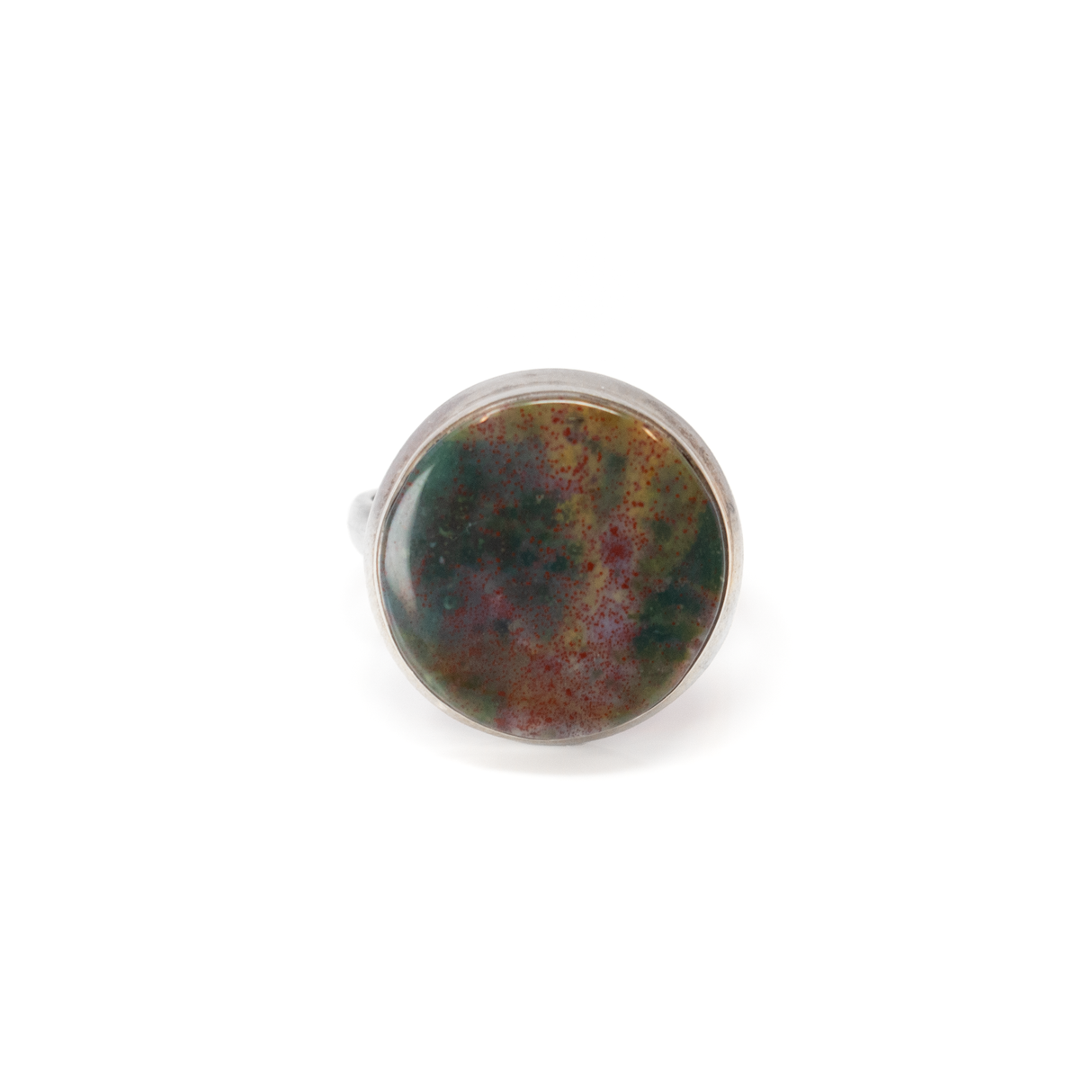 View of Bloodstone Ring - Round Cabochon With Silver Step Bezel Sz6