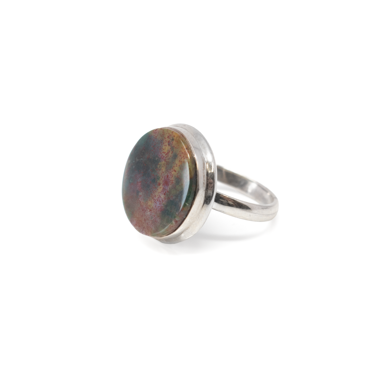 View of Bloodstone Ring - Round Cabochon With Silver Step Bezel Sz6