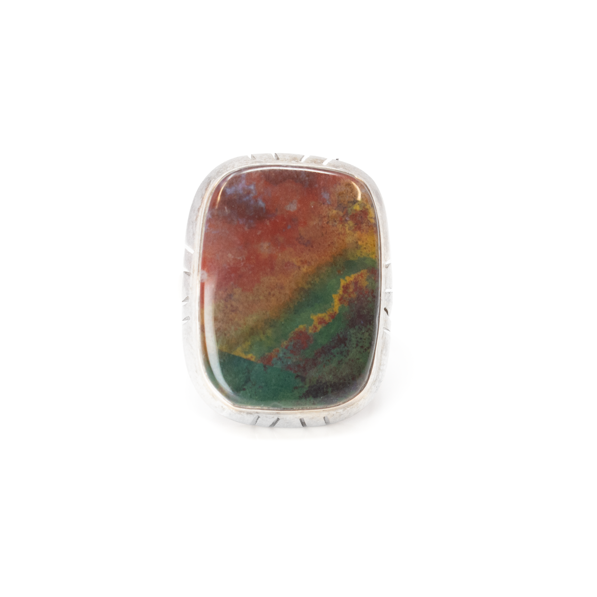 View of Bloodstone Ring - Rectangle Cabochon With Rounded Edges & Line Stamped Silver Step Bezel Sz5.5