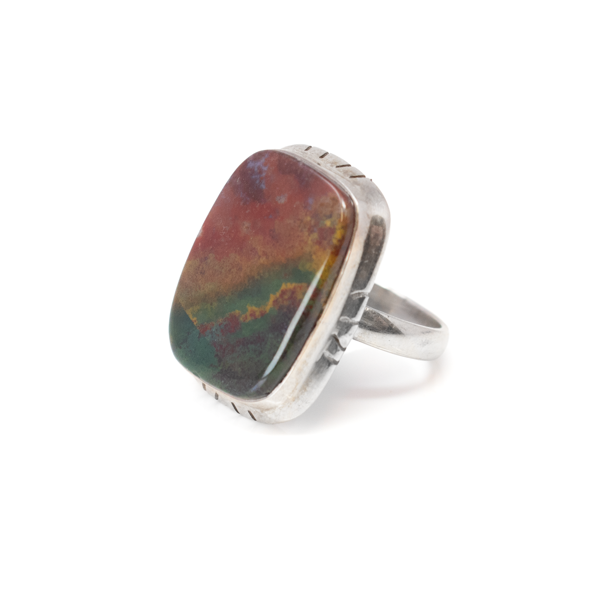 View of Bloodstone Ring - Rectangle Cabochon With Rounded Edges & Line Stamped Silver Step Bezel Sz5.5
