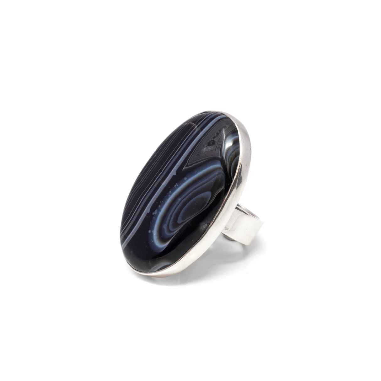 View of Banded Agate Ring - Oval Cabochon With Silver Bezel - Ebony With Coffee & White Banding Szadj