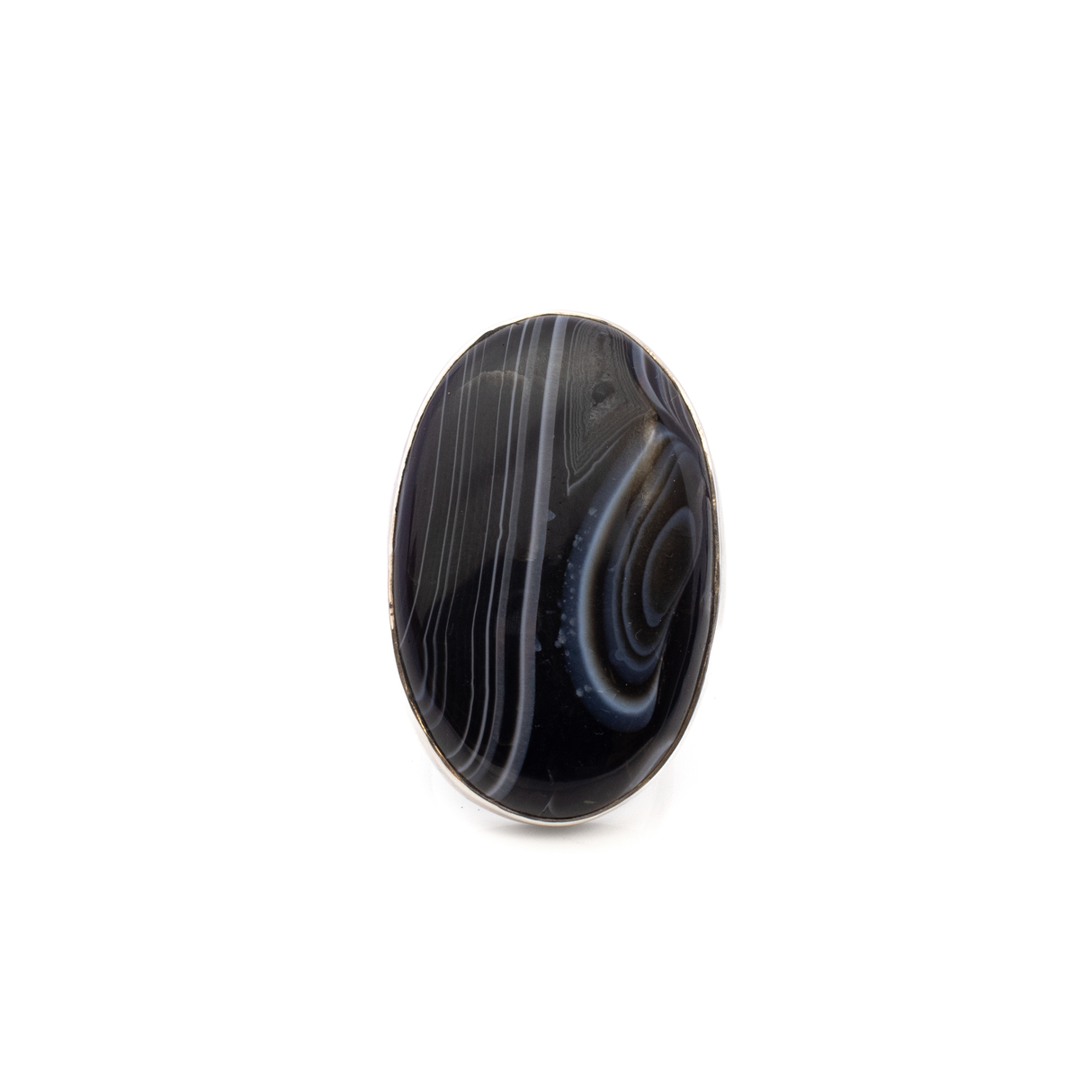 View of Banded Agate Ring - Oval Cabochon With Silver Bezel - Ebony With Coffee & White Banding Szadj