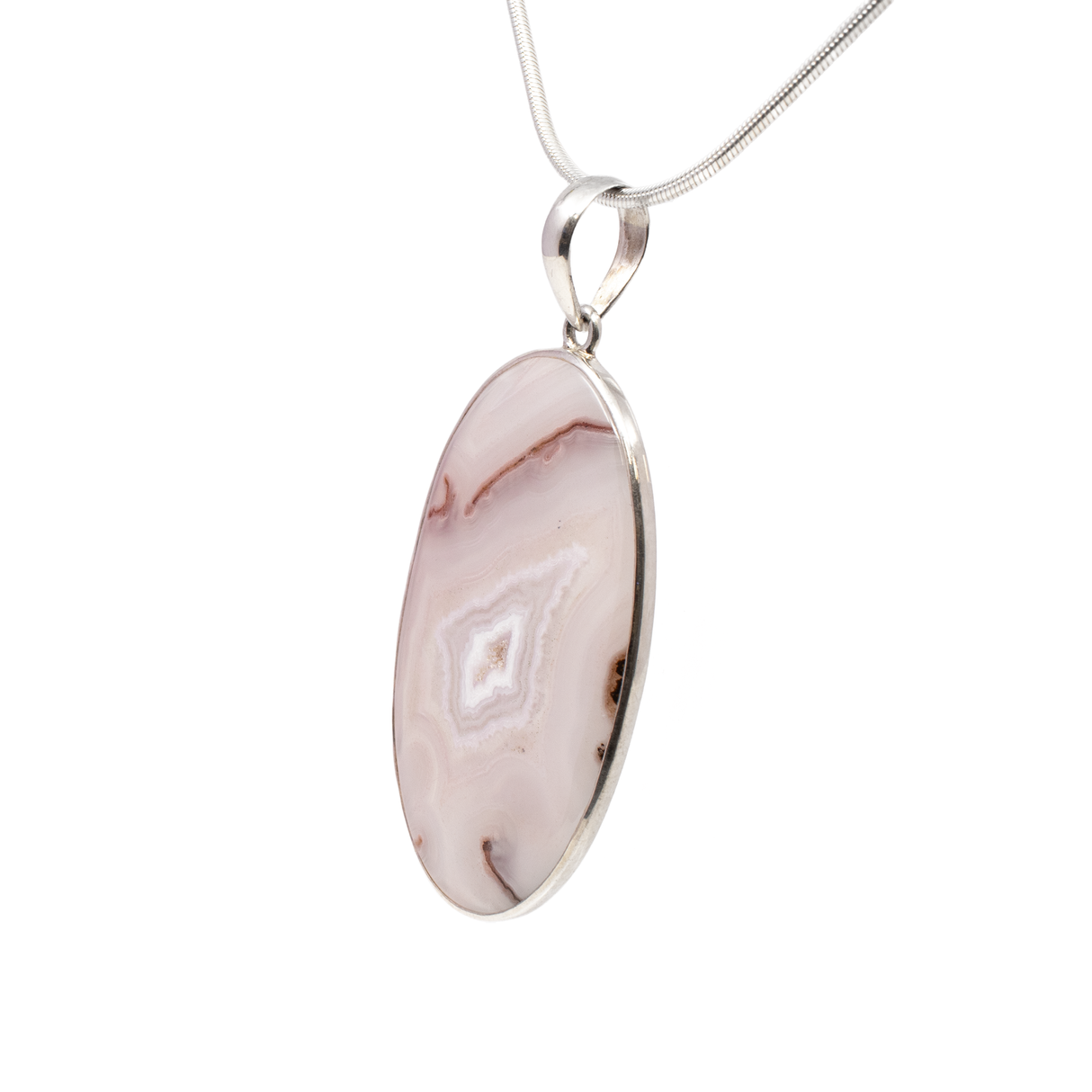 View of Aqua Nevada Agate Pendant - Large Oval Cabochon With Silver Bezel & Druze Pocket Center - Semi-translucent Pastel Pink & White Banding