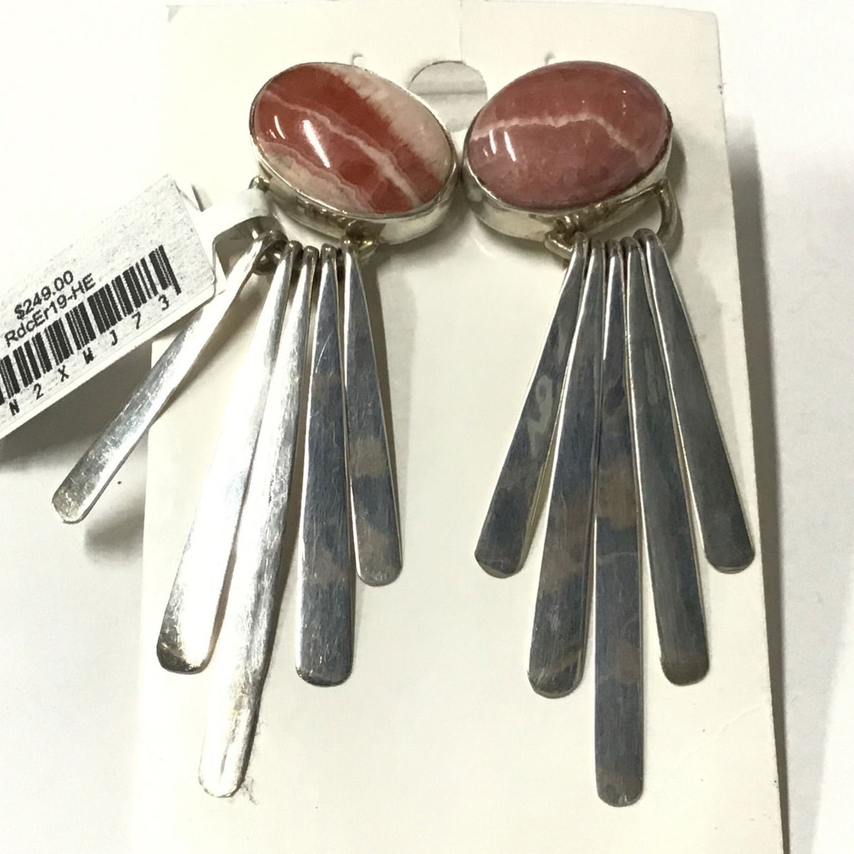 Rhodochrosite Dangle Earrings On Post - East-west Bezel Set Oval Cabochon With Tapered Hammered Silver Bar