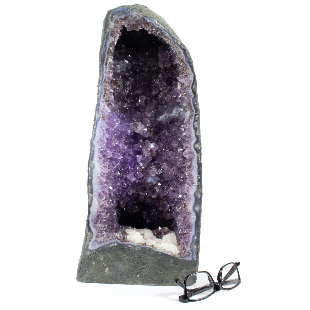 View of Amethyst Geode Cathedral Polished With Cut Base - Small Purple Crystals With Druze Quartz Detailing At Bottom
