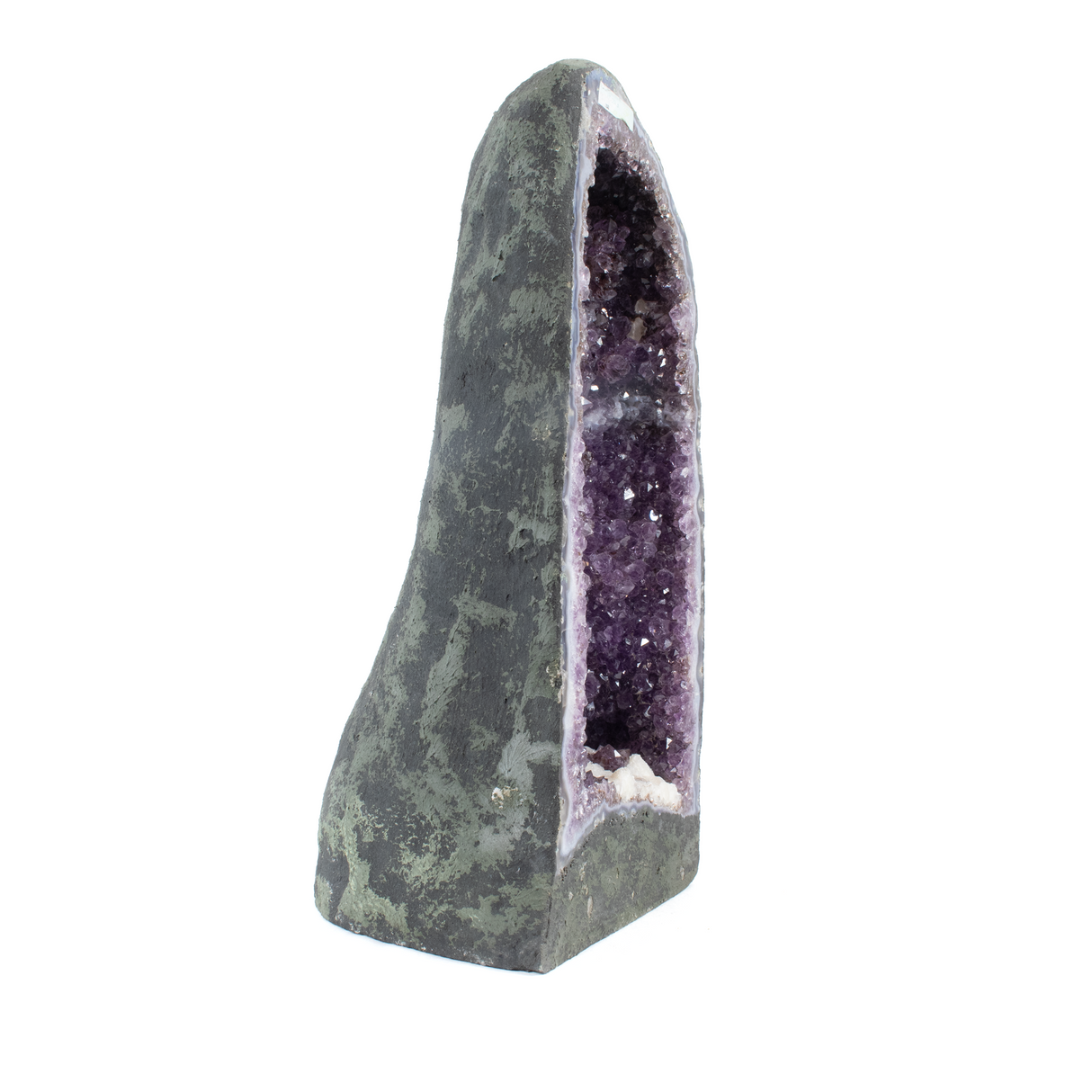 View of Amethyst Geode Cathedral Polished With Cut Base - Small Purple Crystals With Druze Quartz Detailing At Bottom