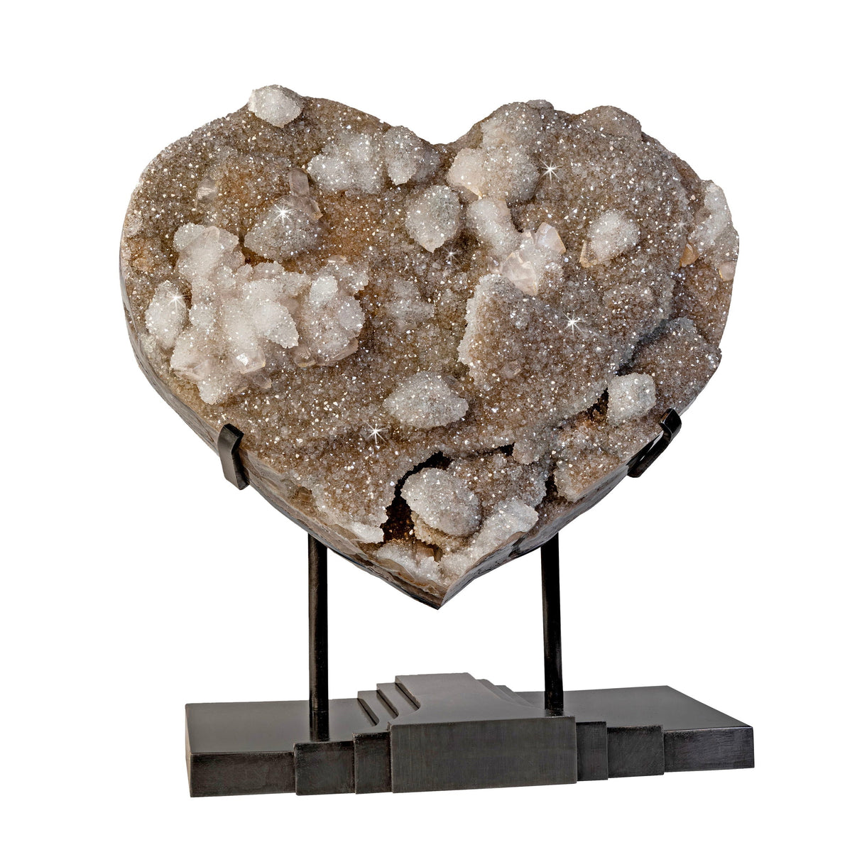 Gray Quartz Druze Heart in Custom Art Deco Stand with Calcite Crystal & Stalactite Inclusion - High Movement