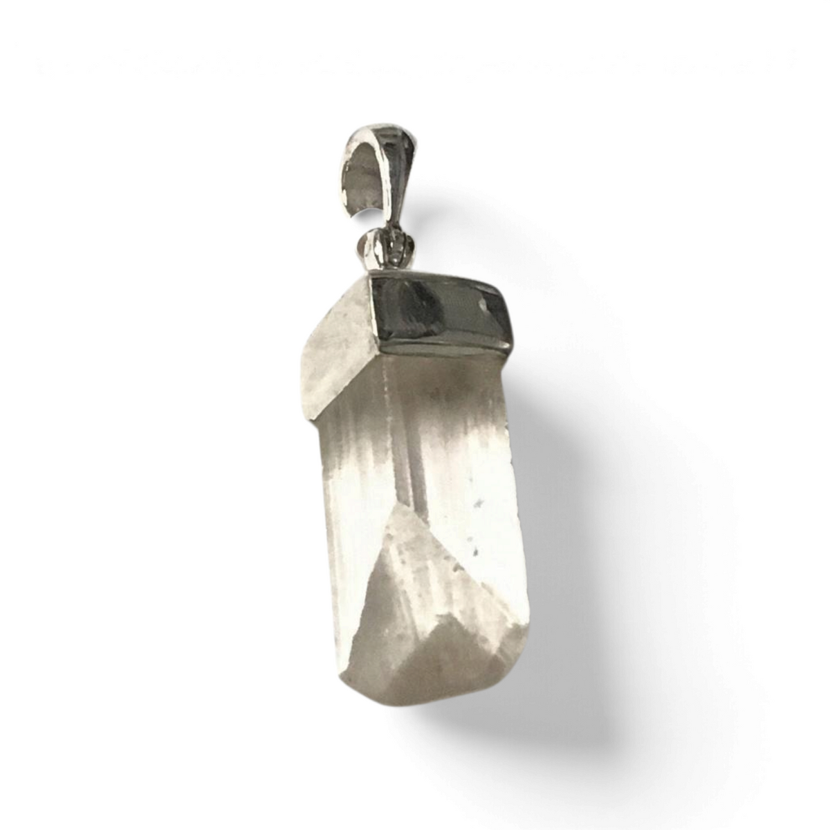 Rare Earth Gallery clear danburite crystal point pendant in a rhodium plated silver bezel setting