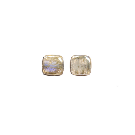 View of Labradorite Stud Earrings - Square Cabochon With Simple Silver Bezel