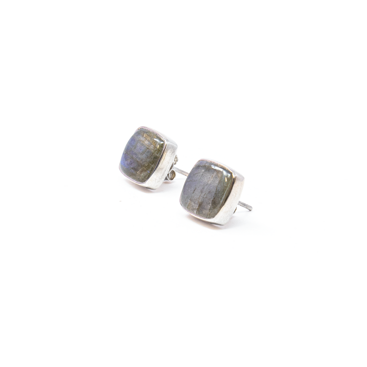 View of Labradorite Stud Earrings - Square Cabochon With Simple Silver Bezel