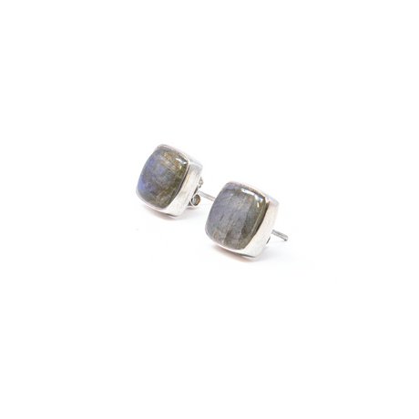 View of Labradorite Stud Earrings - Square Cabochon With Simple Silver Bezel