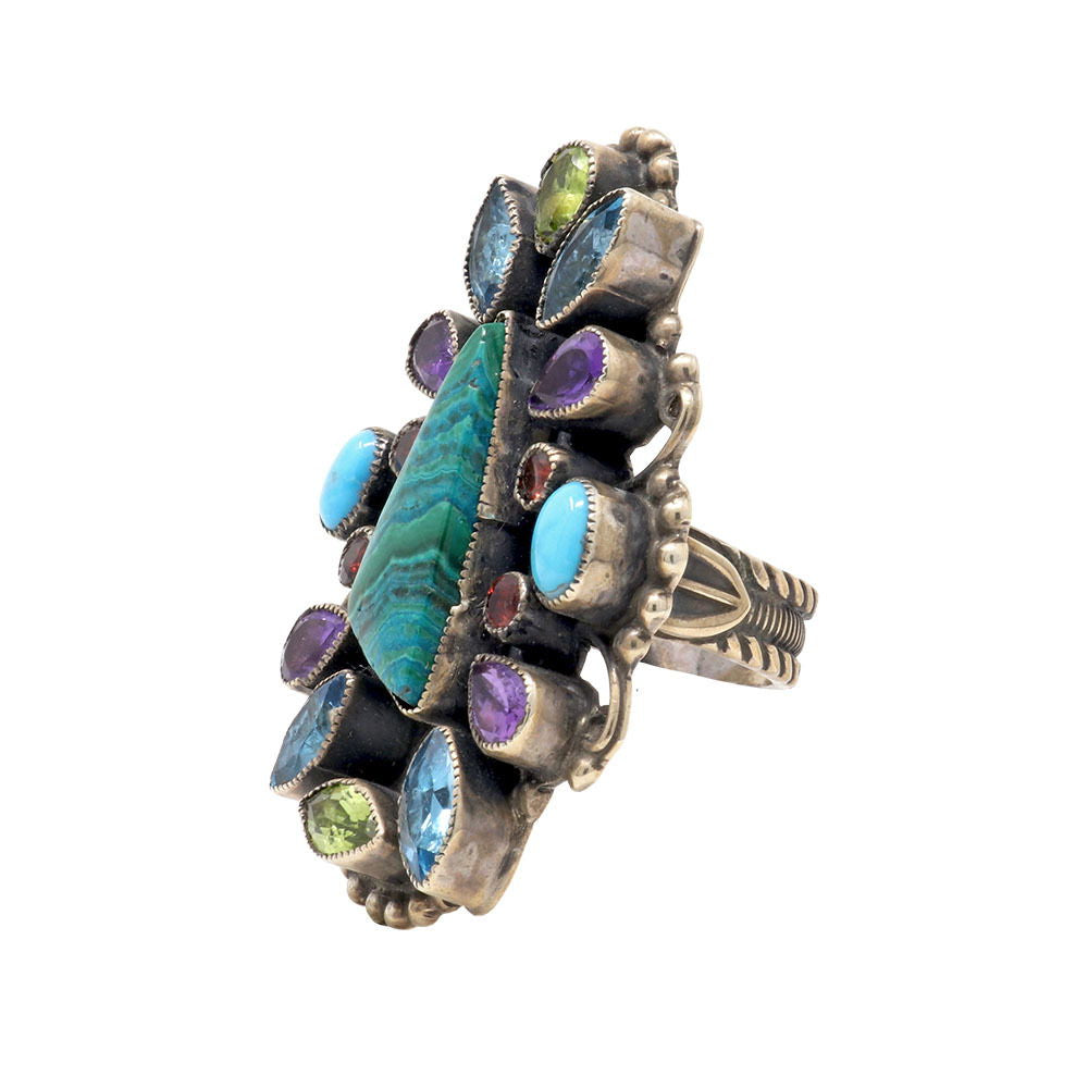 Leo Feeney Chrysocolla Ring with Blue Topaz, Peridot, Sleeping Beauty Turquoise & Garnet Sz6