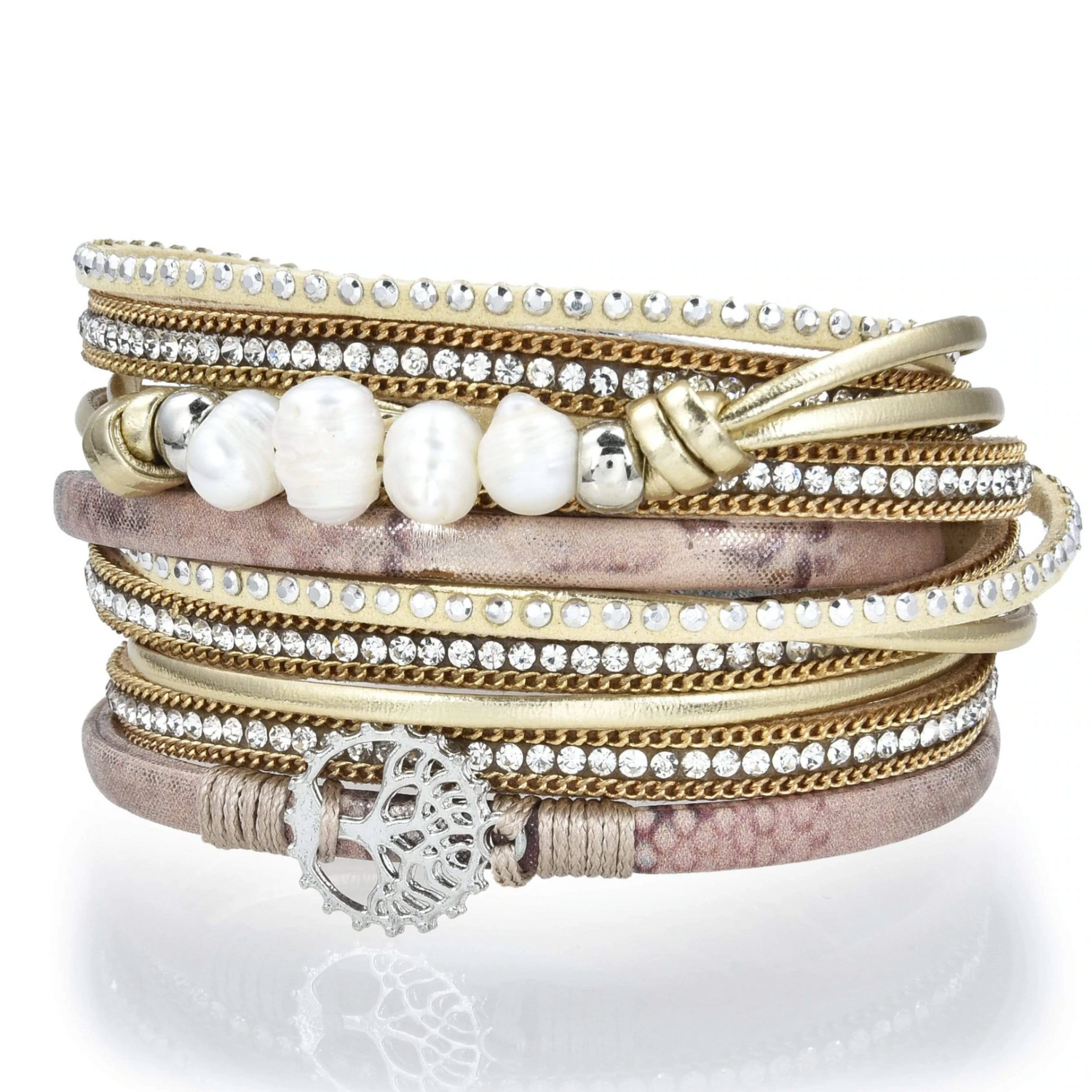 Tree Of Life Design Rose Gold Leather & Pearls Double Wrap Bracelet with Magnetic Clasp