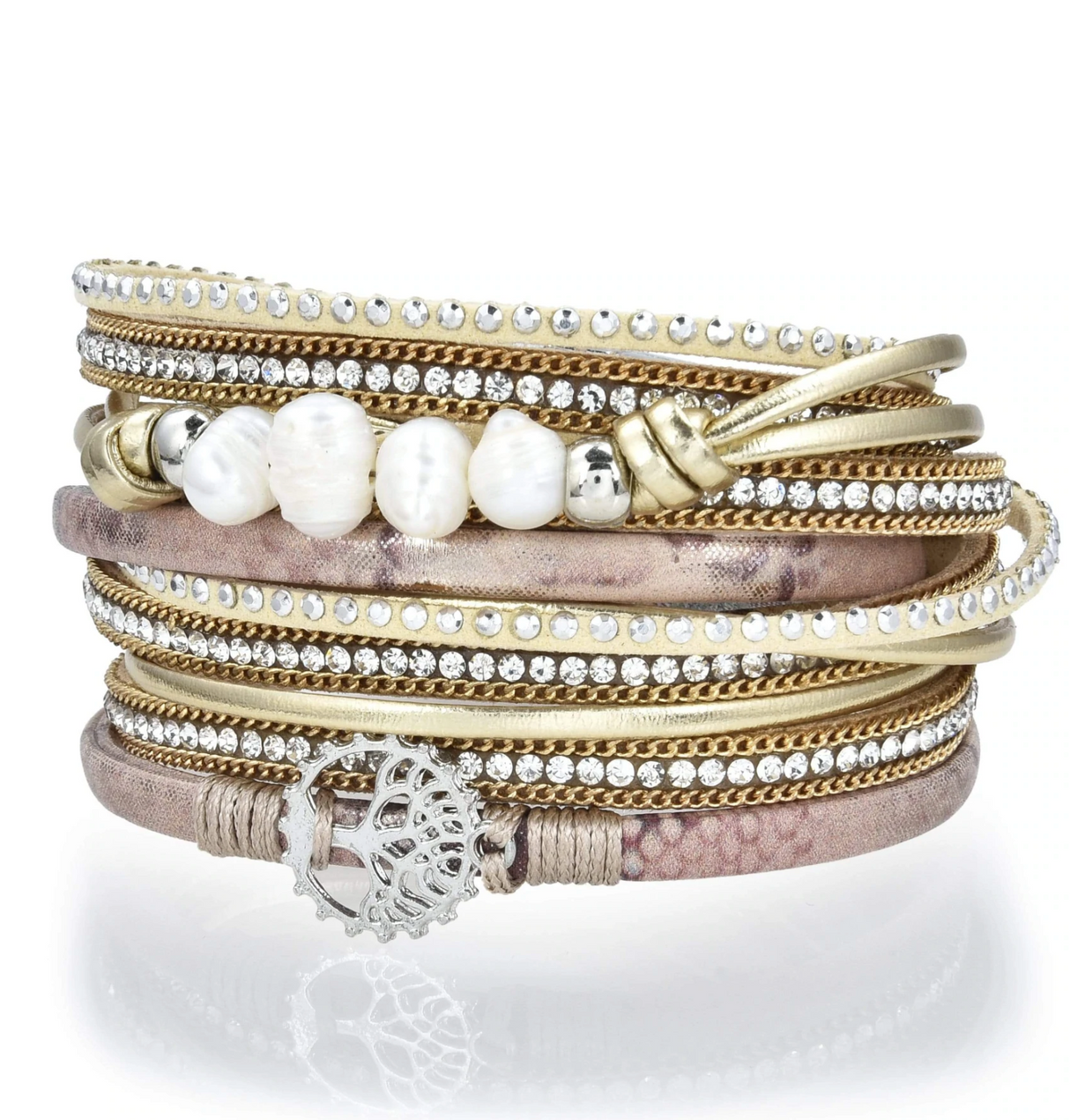 Tree Of Life Design Rose Gold Leather & Pearls Double Wrap Bracelet with Magnetic Clasp