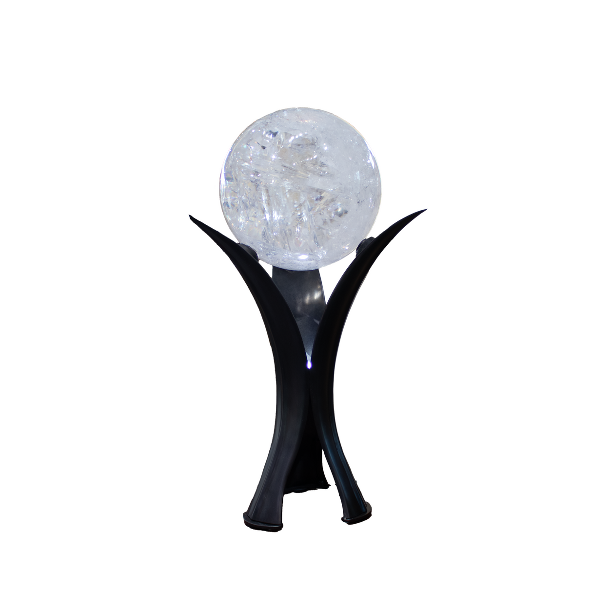 A++ Clear Quartz Sphere on Illuminated Stand with Tri-Leaf Design and Roller Ball Feature