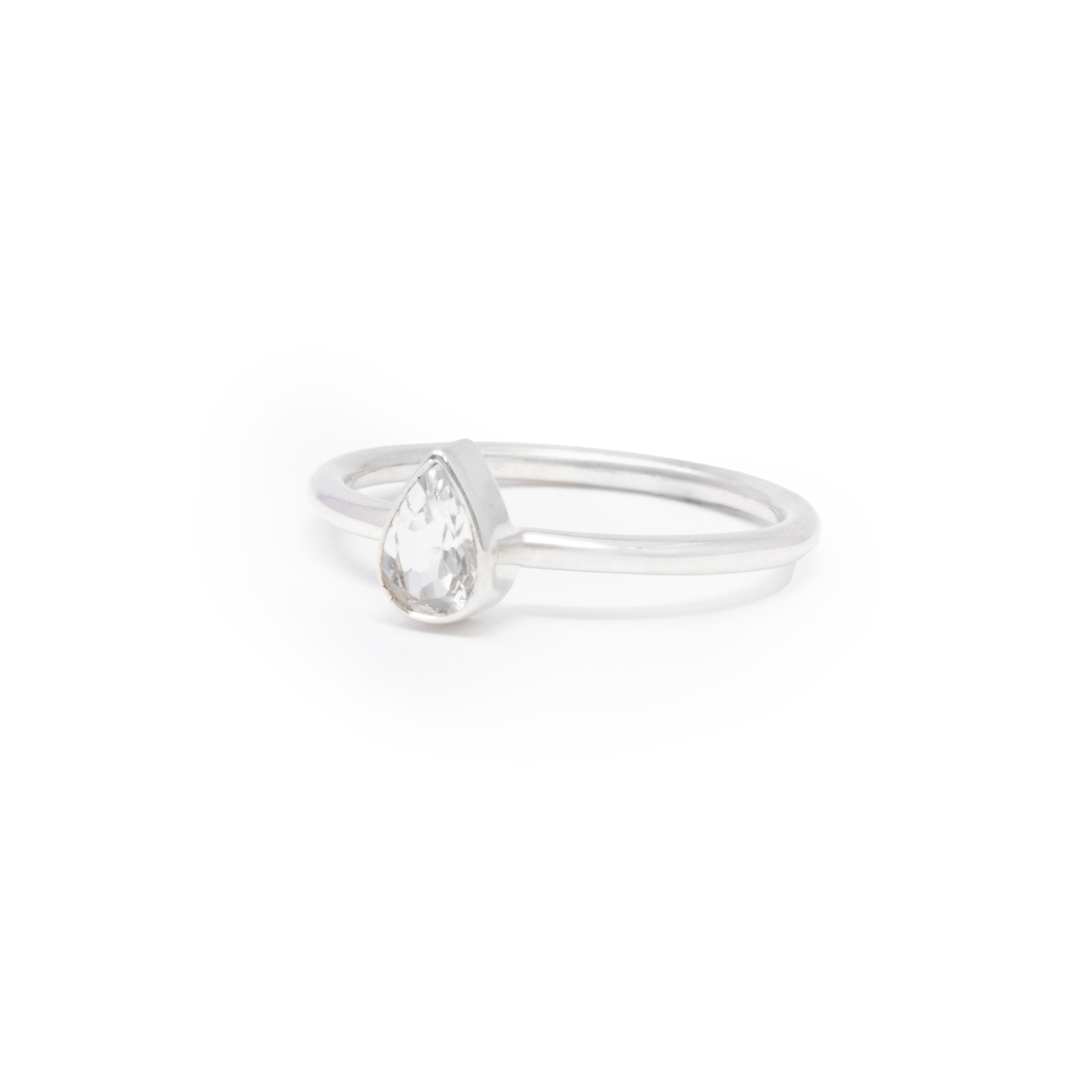 View of White Topaz Ring - Dainty Faceted Pear With Simple Silver Bezel Sz7