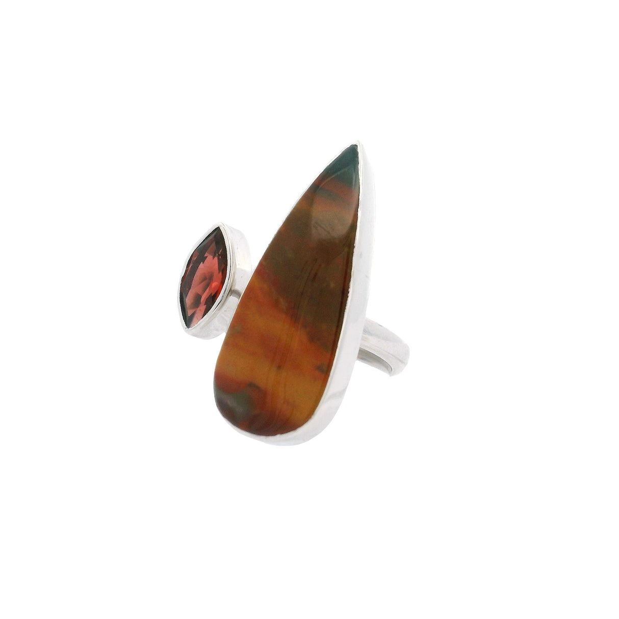 Bloodstone Ring - Elongated Pear Cabochon with Brown & Yellow Stripes & Sharp Oval Faceted Garnet Bezel Set on Open Band in 925 Sterling Silver szAdj