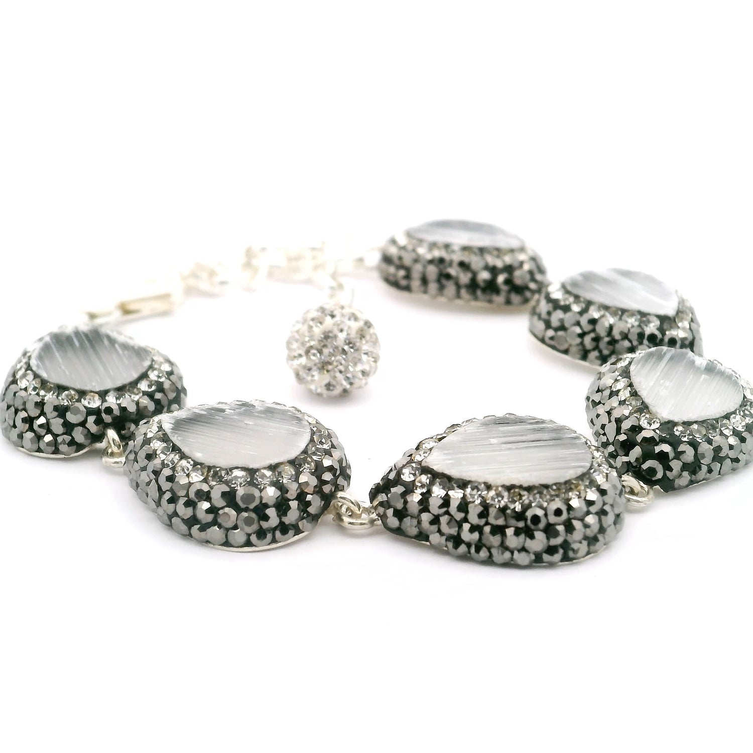 Selenite Link Bracelet - 6 Pear Links Surrounded by Marcasite & Silver Swarovski Crystals in 925 Sterling Silver