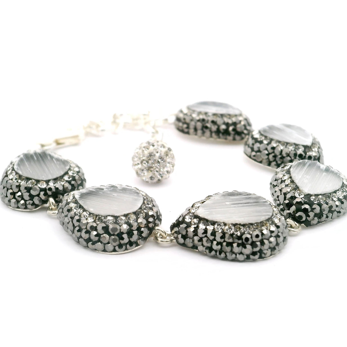 Selenite Link Bracelet - 6 Pear Links Surrounded by Marcasite & Silver Swarovski Crystals in 925 Sterling Silver