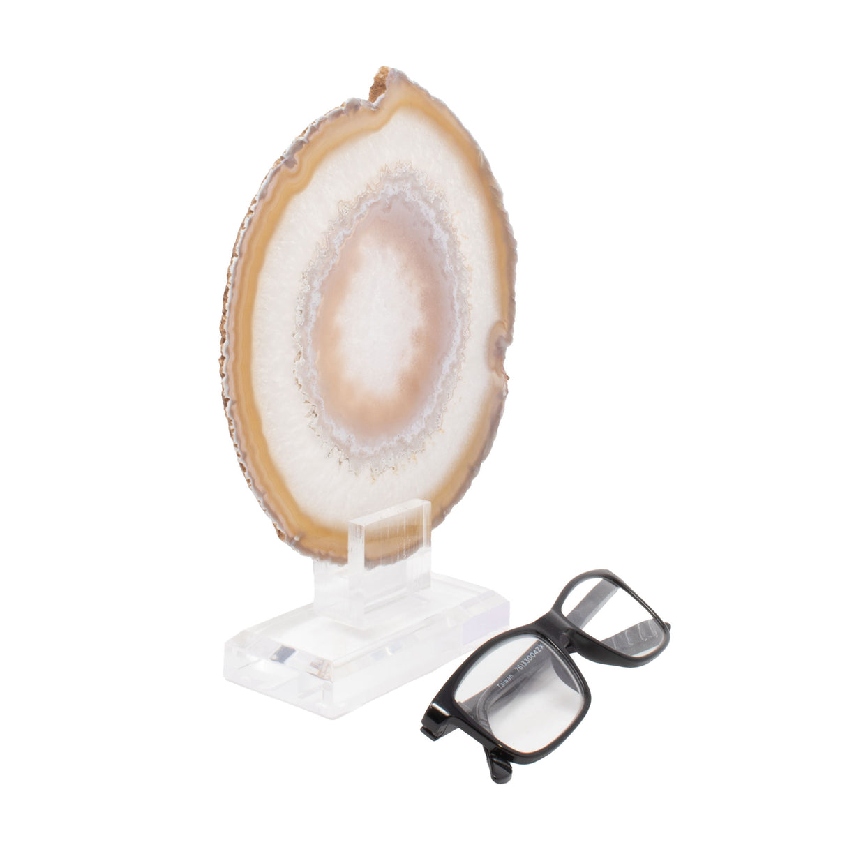 Citrus Carnelian Agate Slice On Acrylic Screw Stand with Pink Hue Banding Centered Eye Pattern
