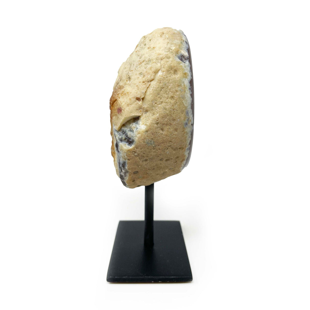 Druze Geode on Post Stand - White Agate with Gray Banding and Druze Center with Black Flakes