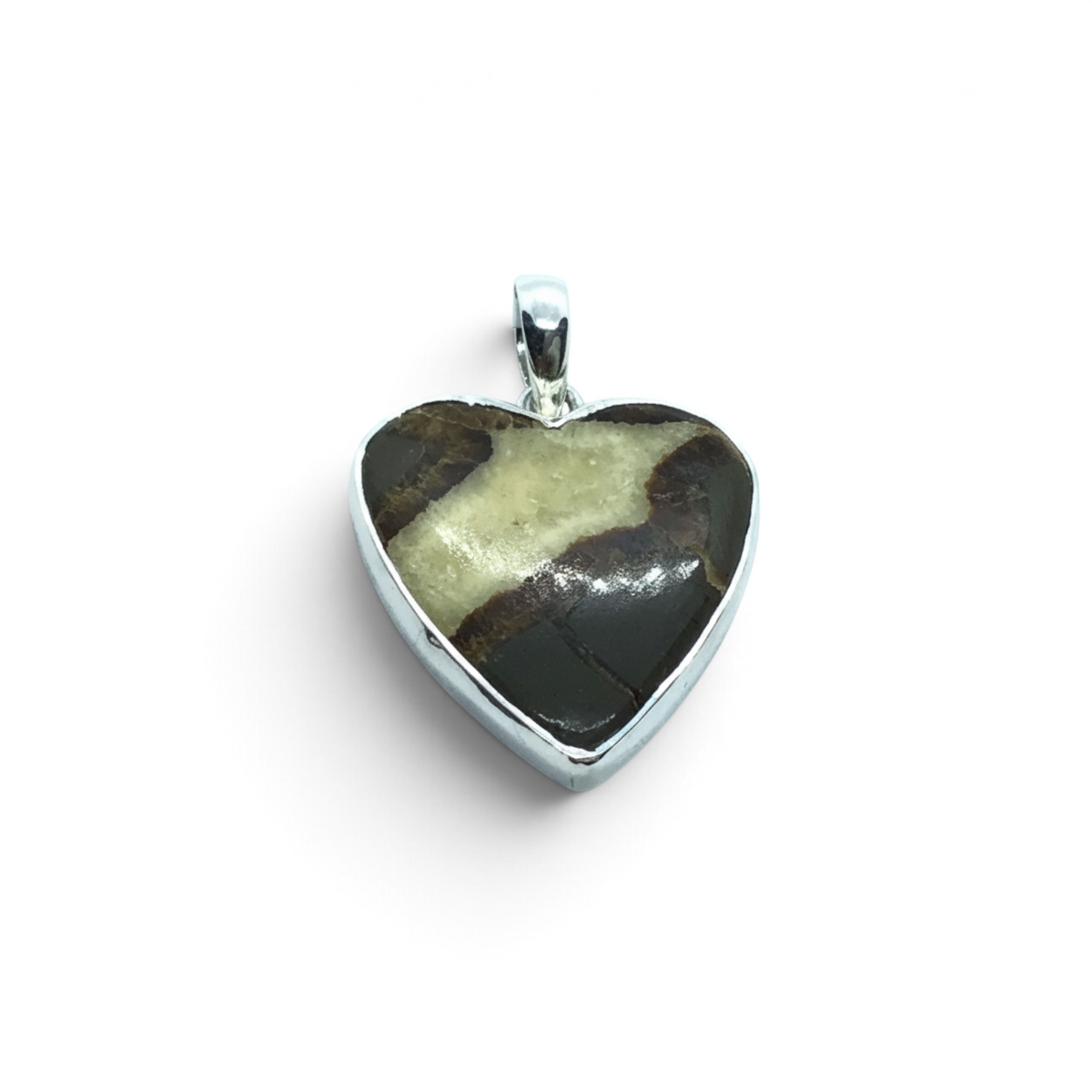 Rare Earth Gallery heart-shaped septarian cabochon pendant with a polished silver bezel setting.