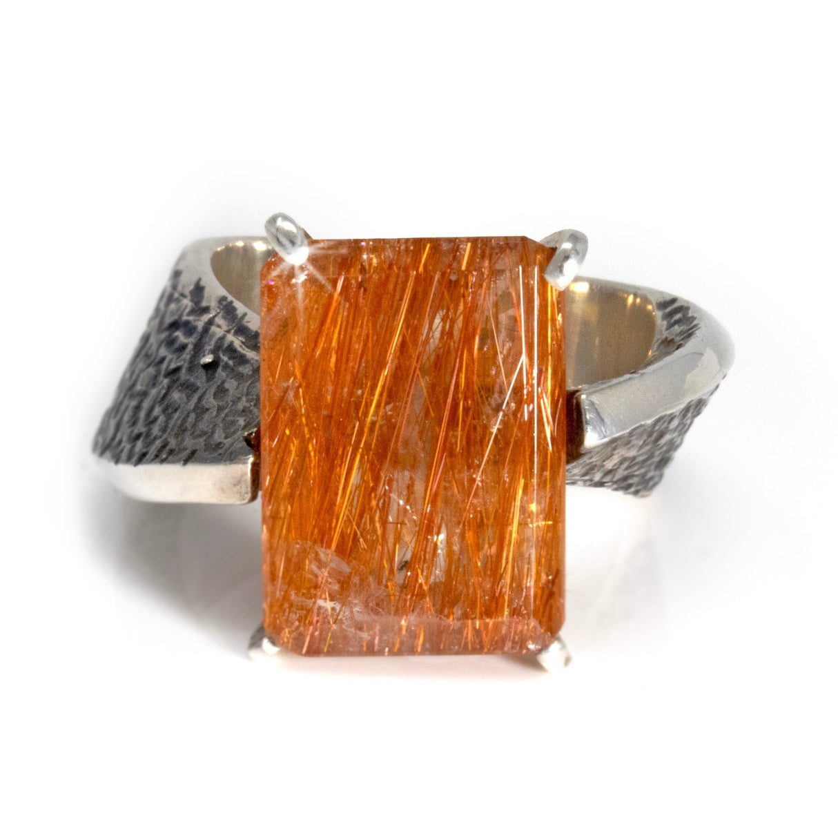 Faceted Golden Rutile Quartz Ring - Simple Rectangle Prong Set on Twisted Band with Stamped Detail & Oxidized Finish Size 8