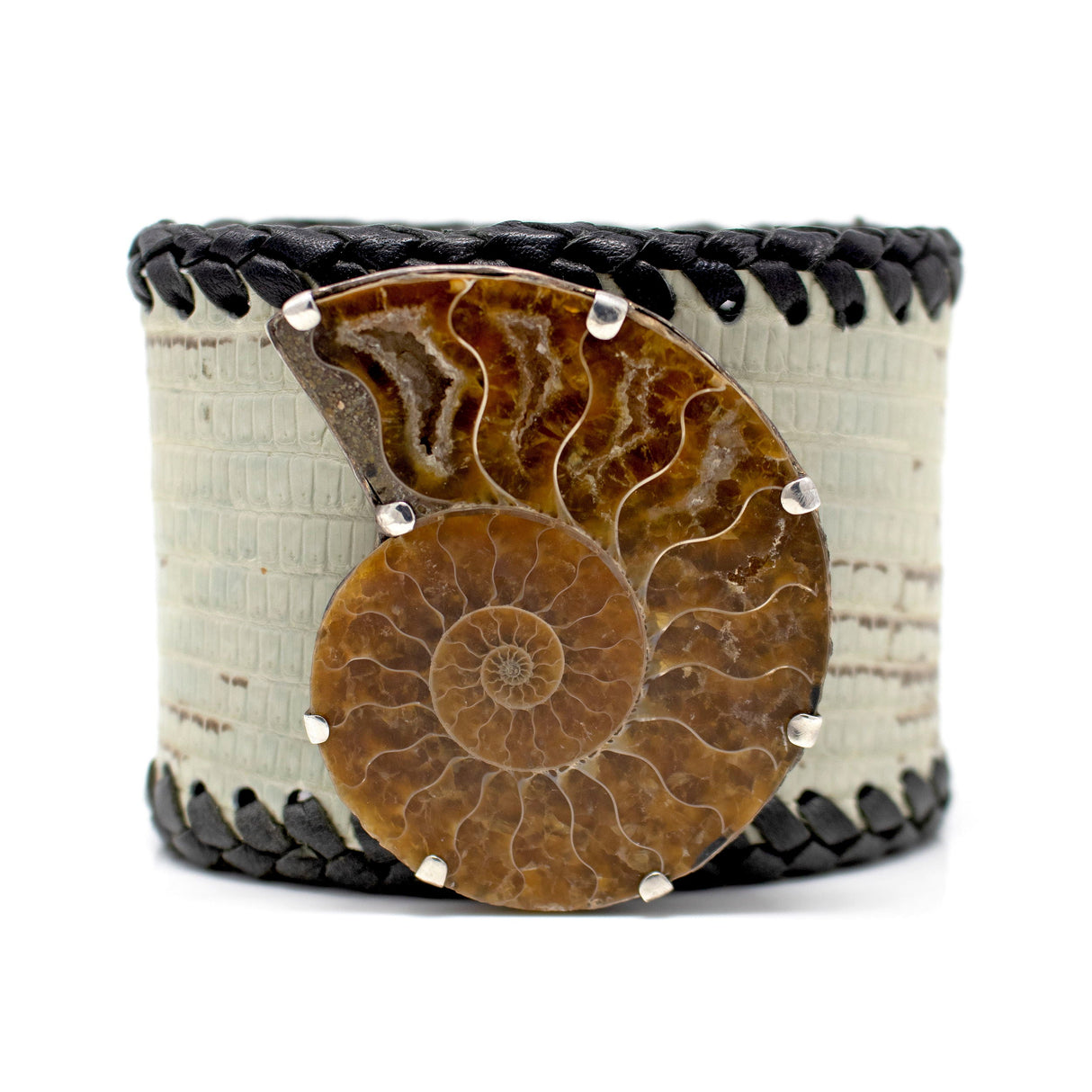 Ammonite Leather Bracelet - Prong Set Ammonite Center on Leather Band with Black Braided Leather Edges
