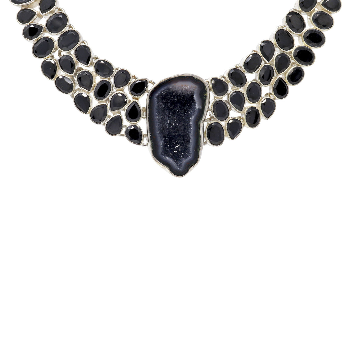 Black Spinel Necklace with Druze Geodes - Faceted Black Spinel Pears & Ovals Matrix with Black & Gray Druze Geode Centerpiece & 4 Sparkling Freeform Geodes in Matrix