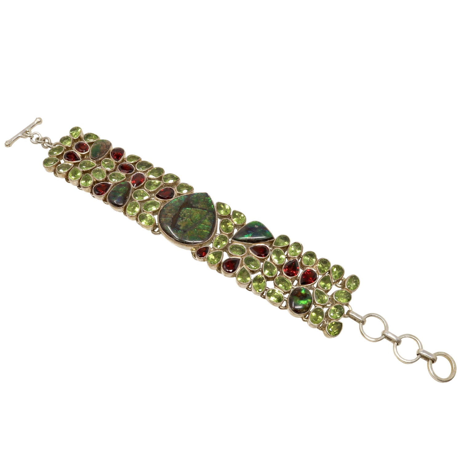Ammolite Fossil & Peridot Link Bracelet - Pear Center Stone with Garnet - 4 Rows
