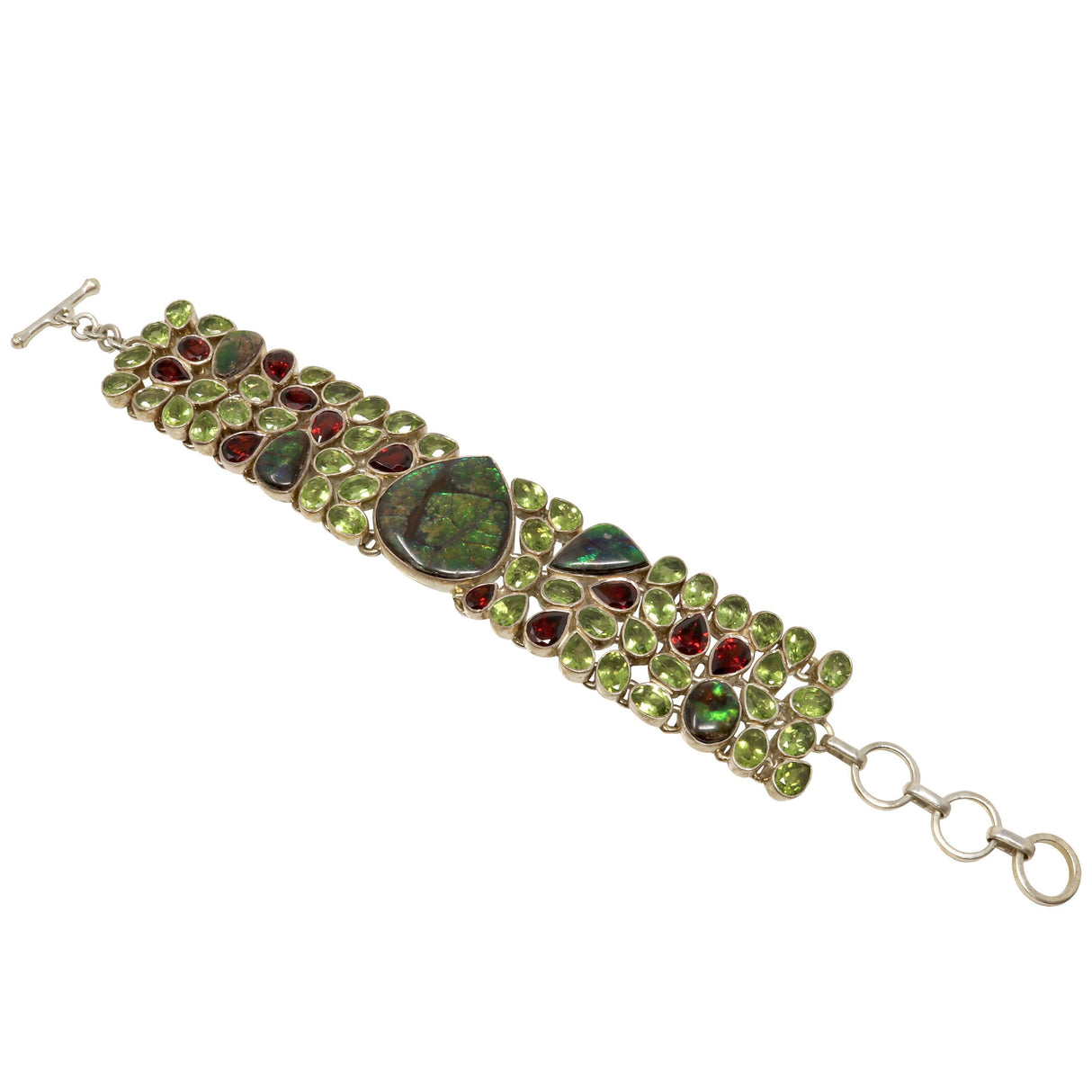 Ammolite Fossil & Peridot Link Bracelet - Pear Center Stone with Garnet - 4 Rows