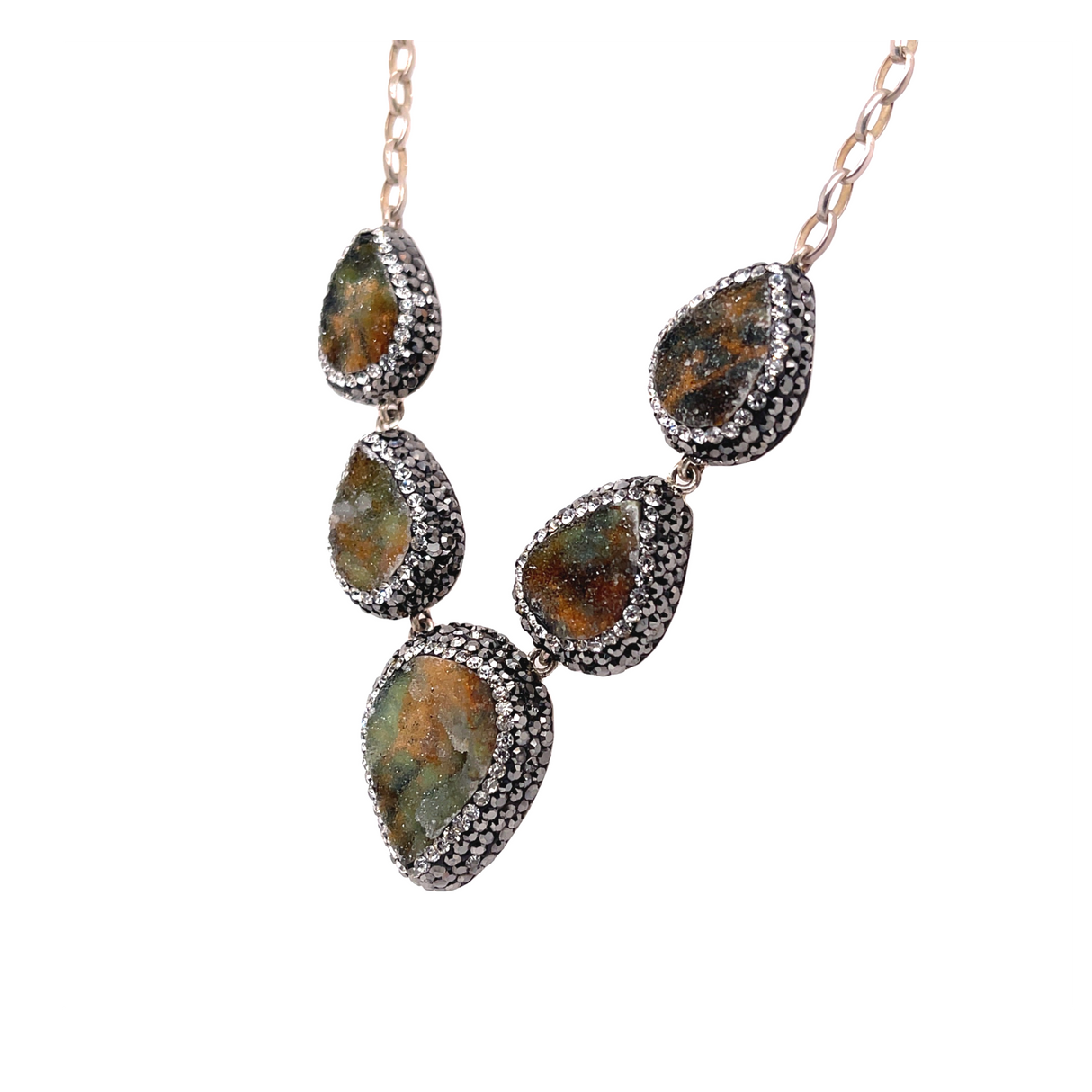 Natural Druze Necklace - 5 Pear Shapes with Marcasite & Silver Crystals