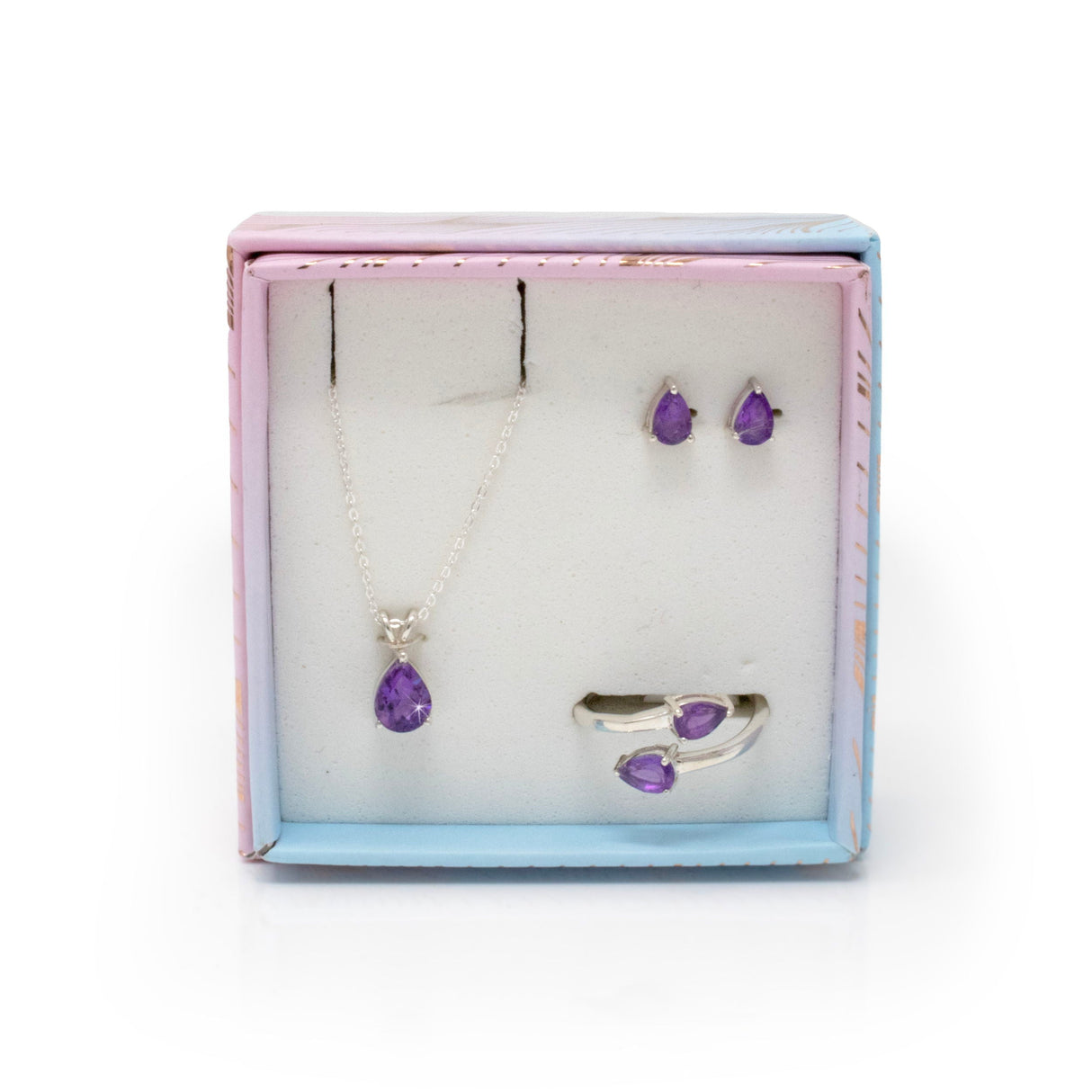 Faceted Amethyst Set with Necklace & Stud Earrings & Duo Ring with Open Top - Faceted Prong Set Pear Size 7
