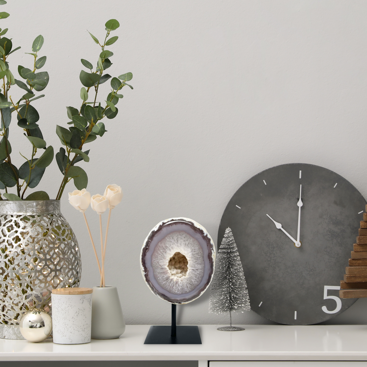 Druze Geode on Post Stand - White Agate with Gray Banding and Druze Center with Black Flakes