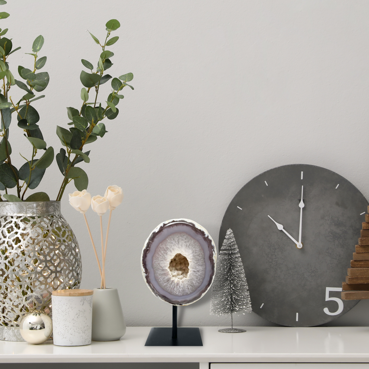 Druze Geode on Post Stand - White Agate with Gray Banding and Druze Center with Black Flakes