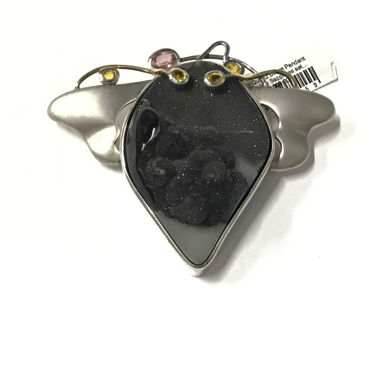 Black Quartz Druze Pendant With Yellow Sapphires Set In 18k Gold Wire & Pink Tourmaline Oval