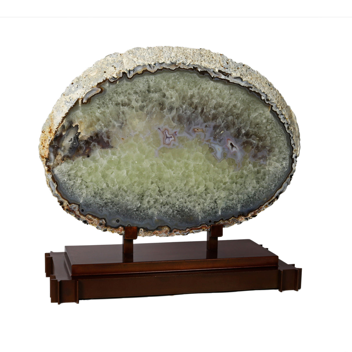 Agate Slice with Pink Tone Druze Vugs on Custom Stand -2 Step Copper Patina